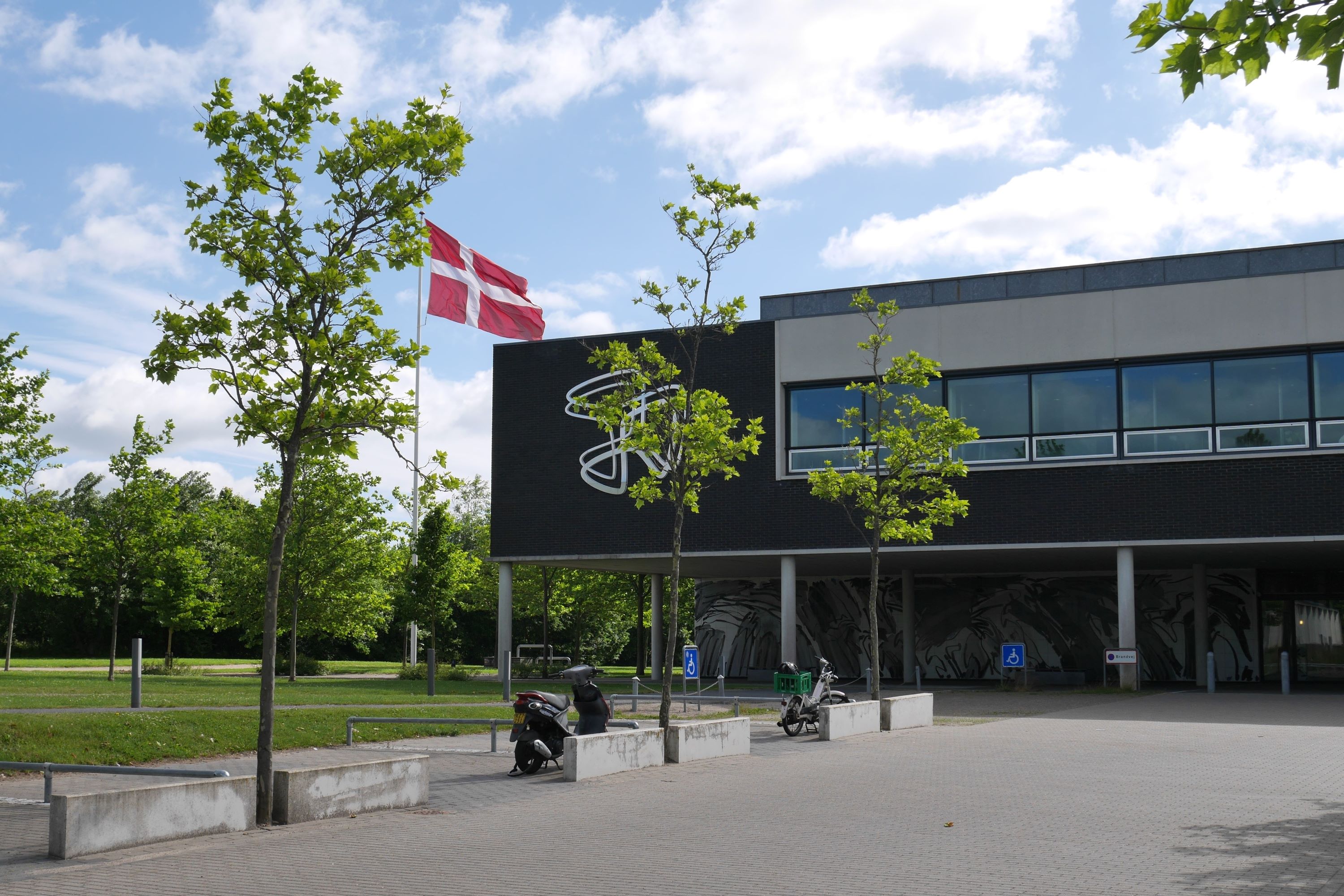 Flaget vajer ud for hovedbygningen på Hansenbergs adresse Skovvangen 28 i Kolding.