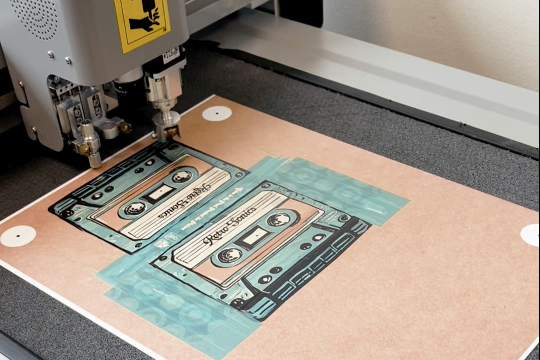 Den digitale skæremaskine på Hansenbergs mediegrafikeruddannelse kan skære meget præcist efter elevernes design.