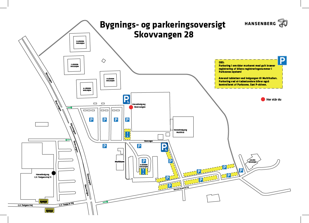 Bygnings- og parkeringsoversigt for Hansenbergs adresse på Skovvangen 28 i Kolding.