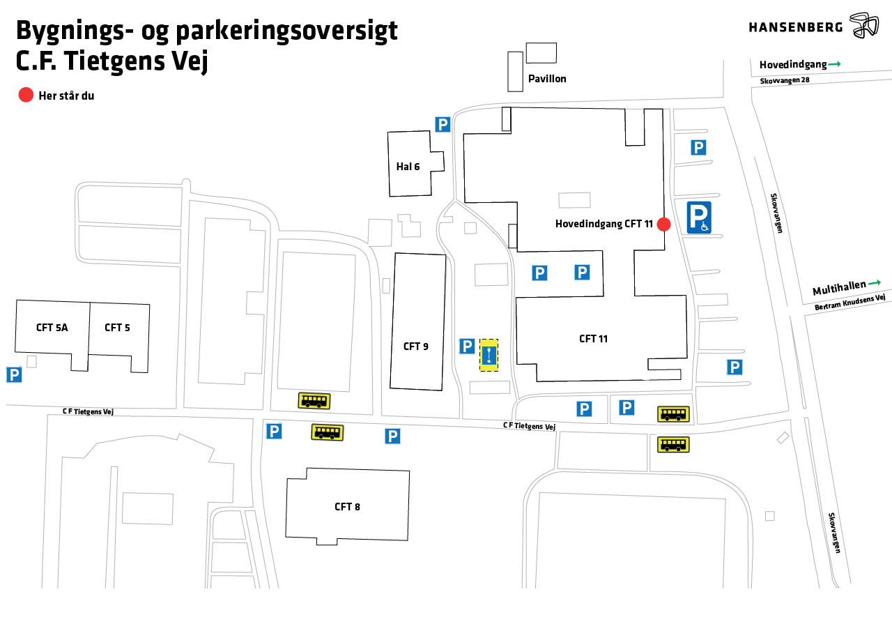 Bygnings- og parkeringsoversigt på Hansenbergs adresser på C.F. Tietgens Vej i Kolding.