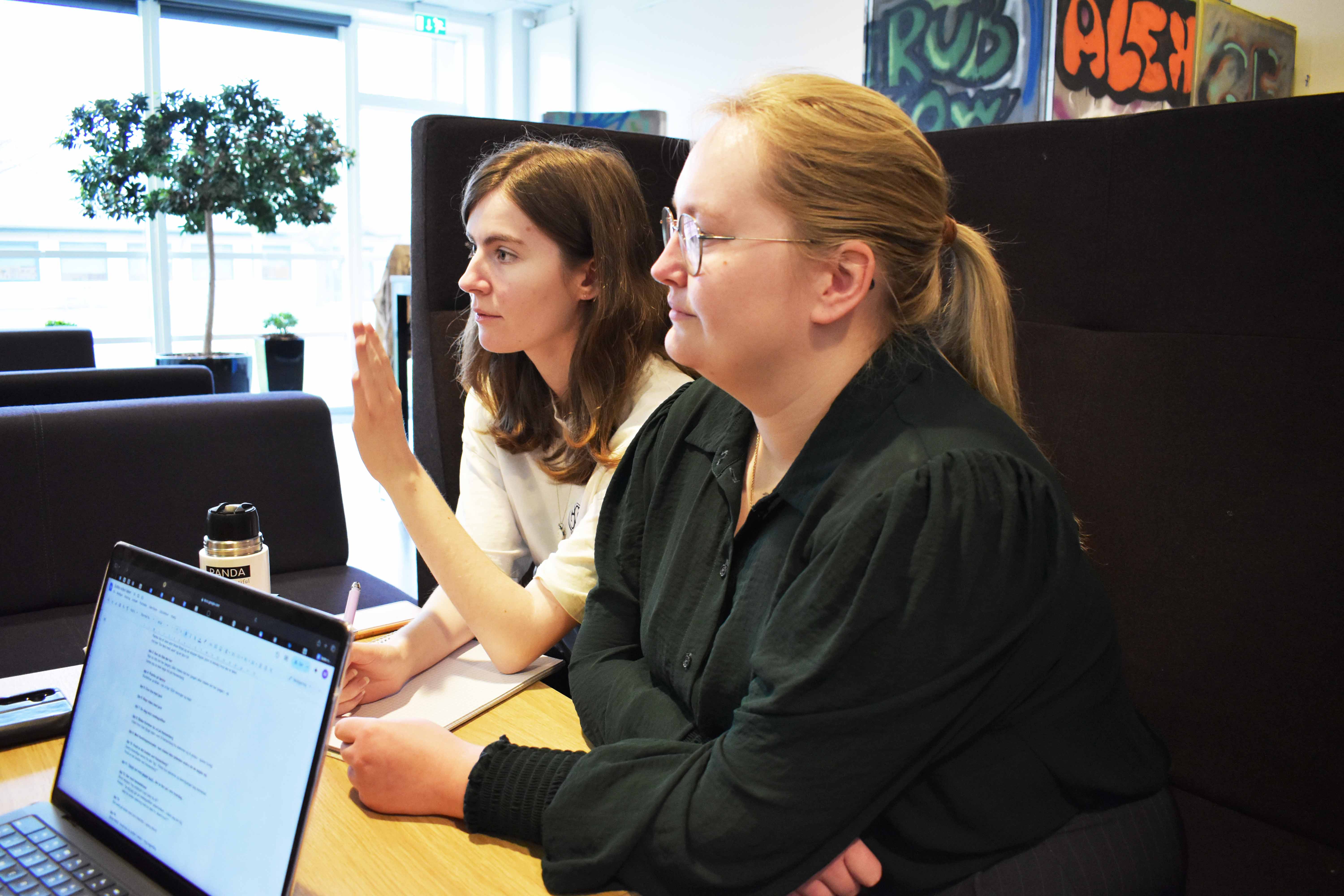 Lea Nordtorp Dalager og Julie Gissel arbejder med SoMe på uddannelsen til mediegrafiker.