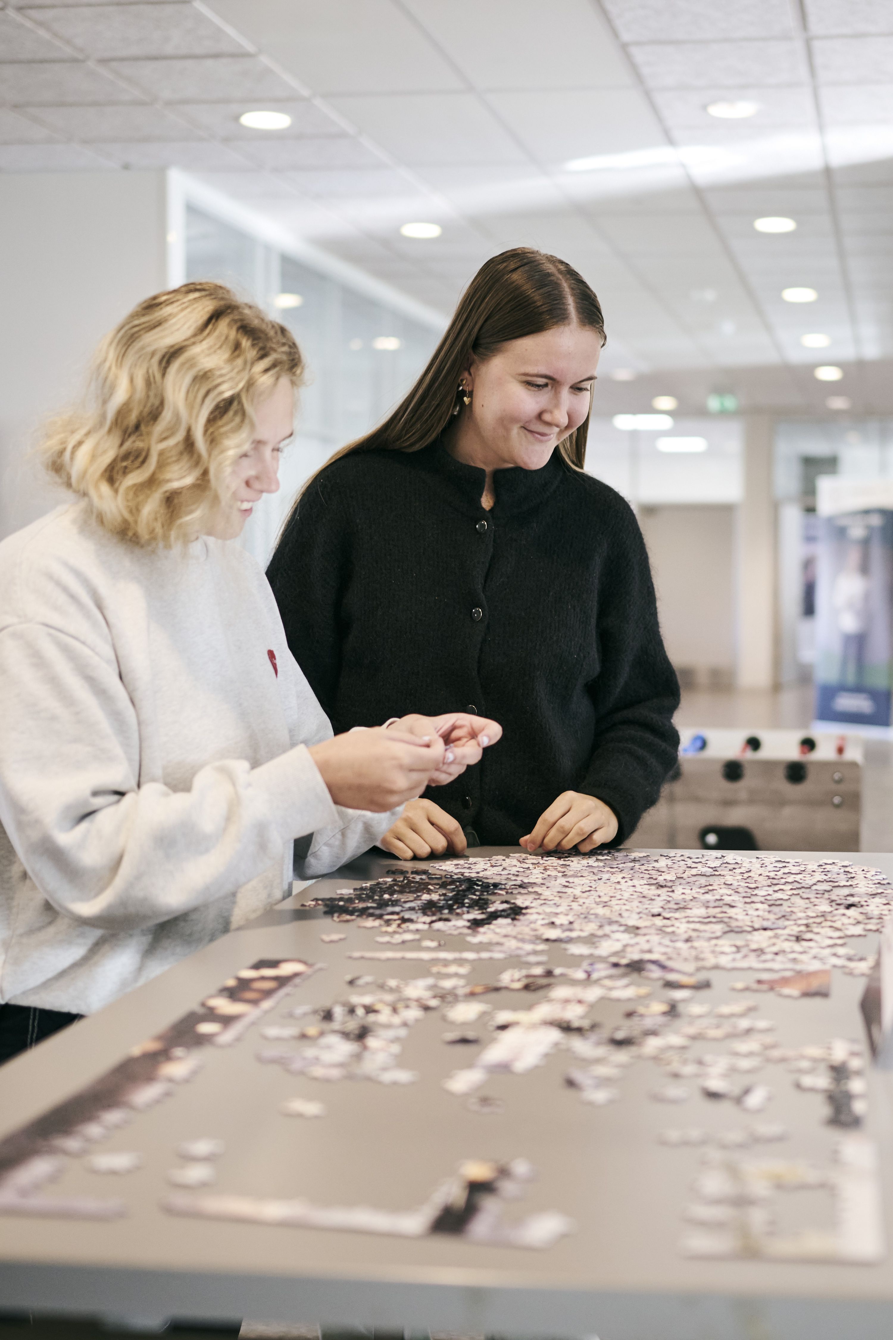 Rundt omkring på skolen finder man forskellige puslespil, som frister mange forbipasserende til hyggepuslen i pauserne.