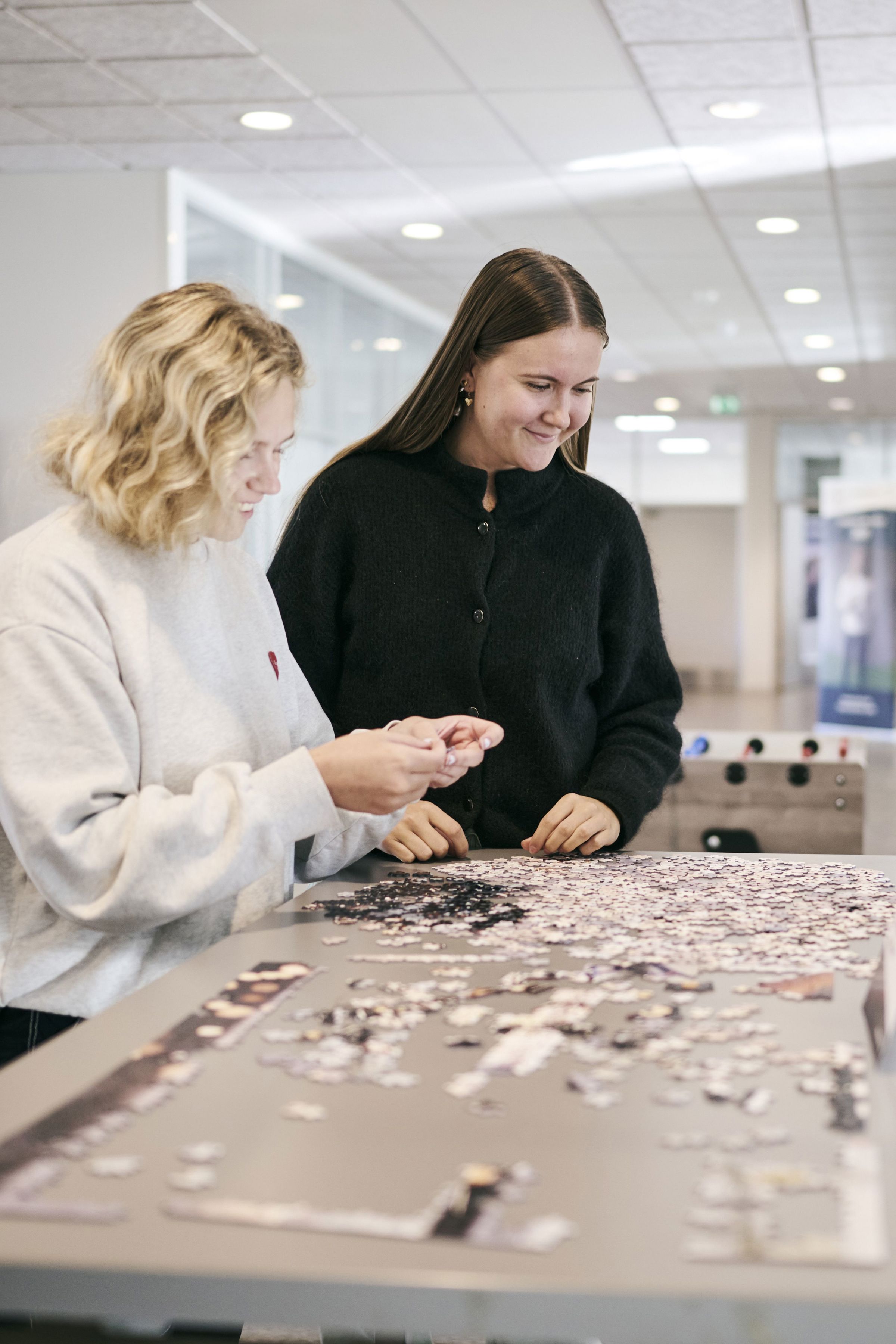 Rundt omkring på skolen finder man forskellige puslespil, som frister mange forbipasserende til hyggepuslen i pauserne.