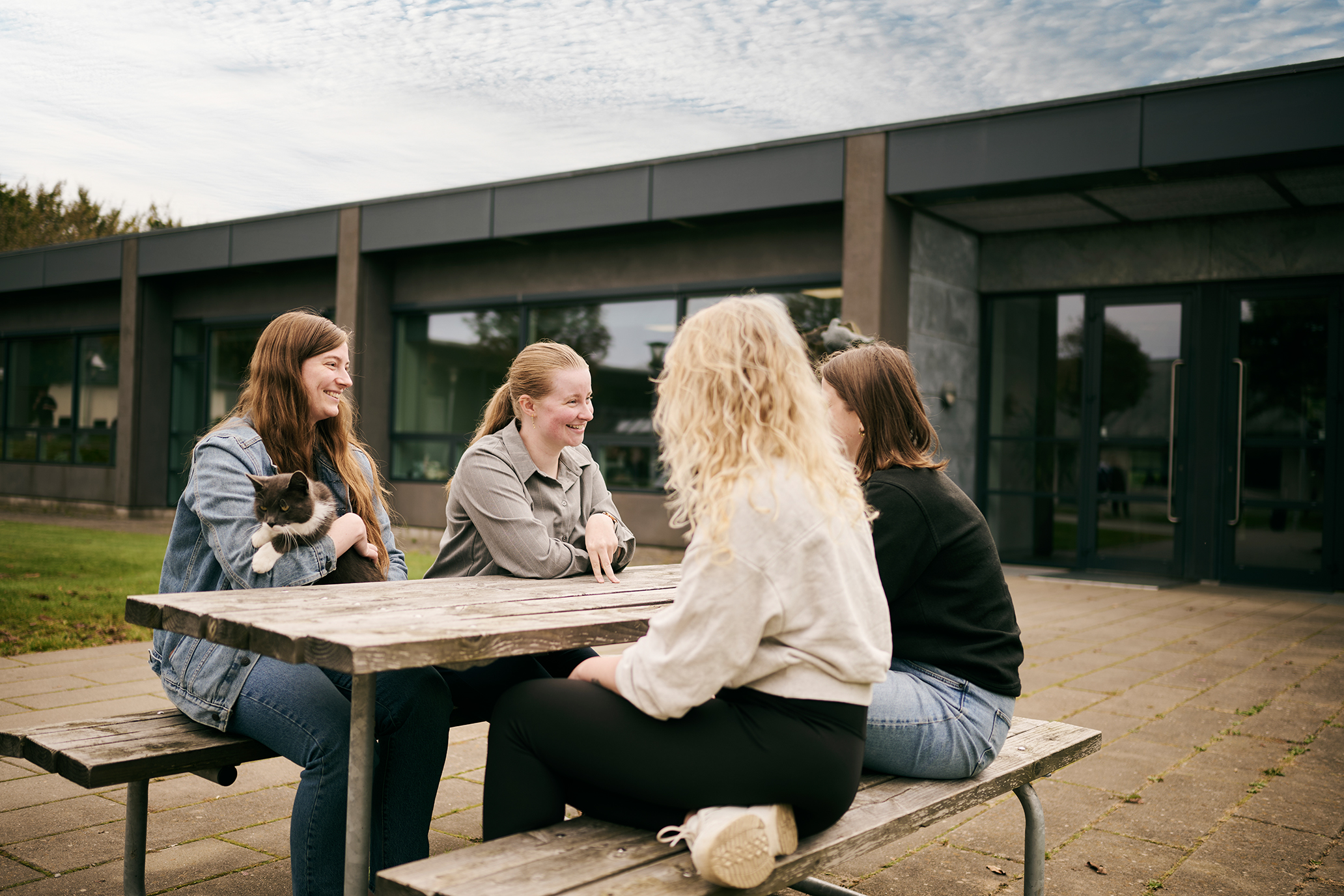Elever fra uddannelserne i Vranderup hygger udenfor bygning 600 sammen med Katten Karsten.